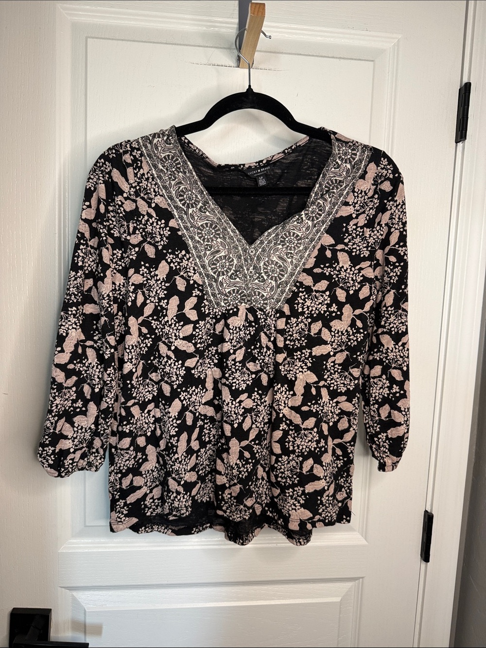 Lucky Brand Black Blush Floral Lace-Yoke V-Neck Top